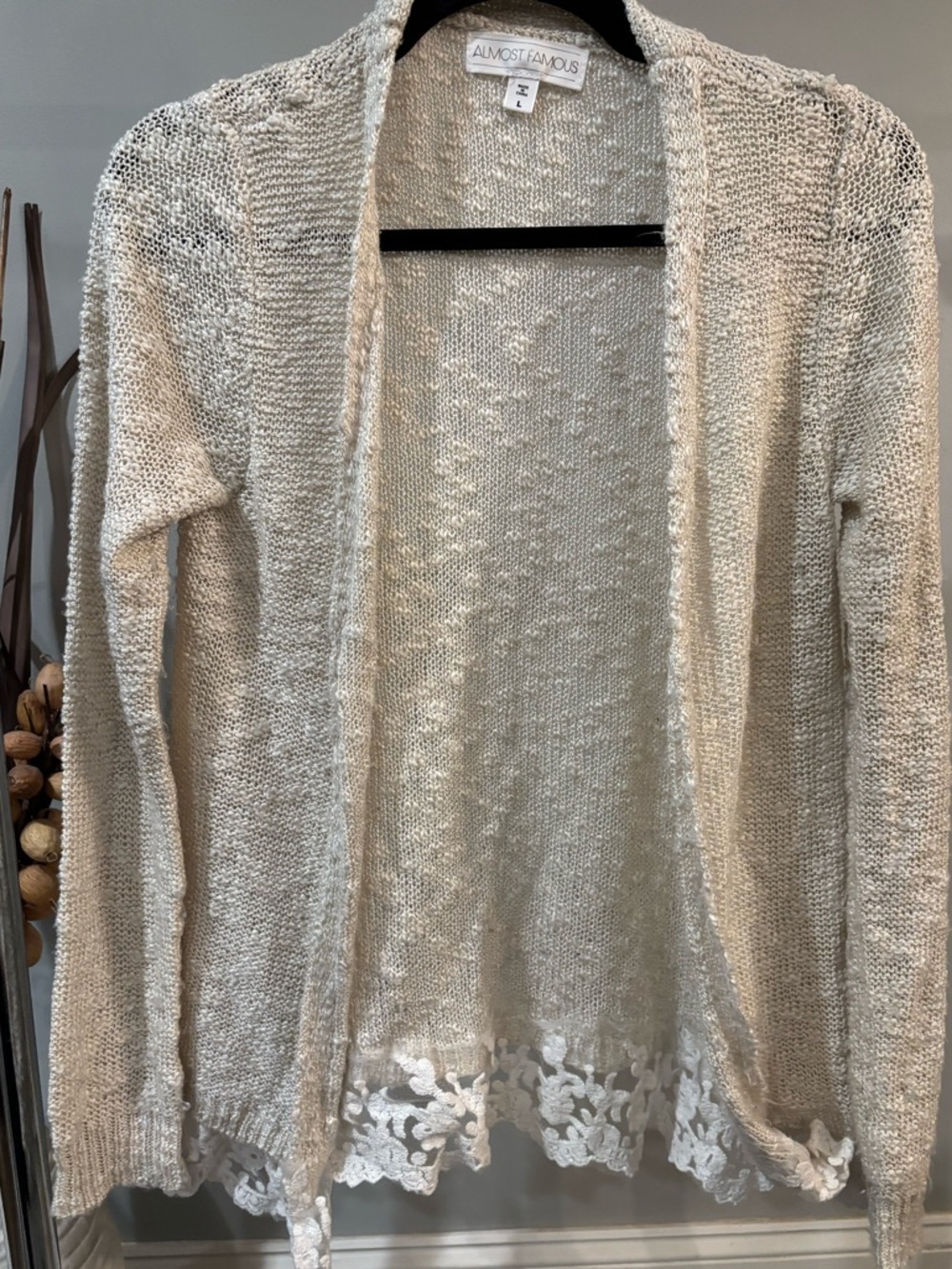 Almost Famous Cream Lace-Hem Open Cardigan women’s size large
